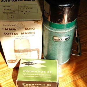 60s vintage thermos, slide viewer and coffee maker for car camping boating